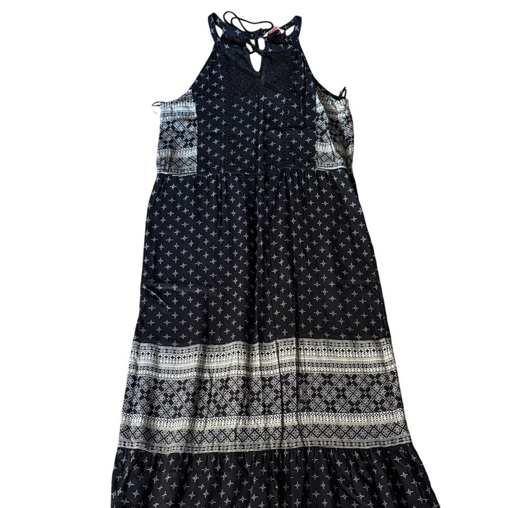 Camaieu Black White Geometric Print Halter Maxi Dress Crochet Lace Boho L